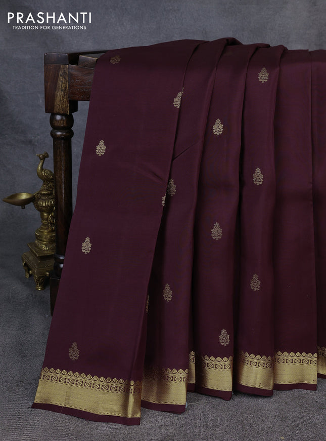 Kanchipuram silk saree coffee brown with allover zari woven buttas and small zari woven border