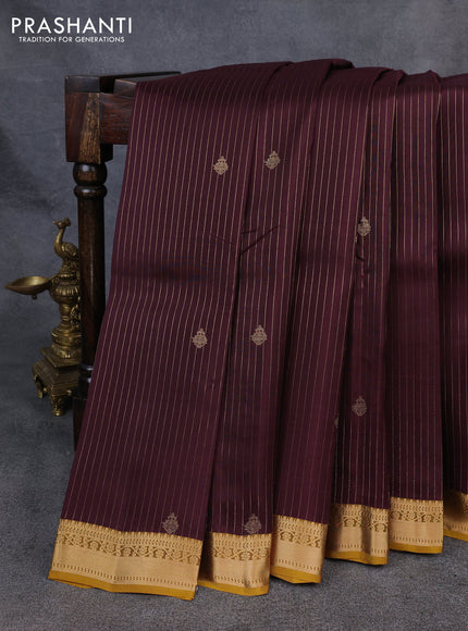 Kanchipuram silk saree coffee brown and mustard yellow with allover zari stripe & buttas and small zari woven border