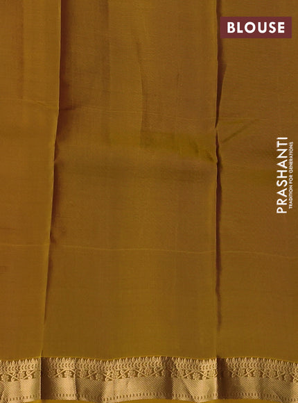 Kanchipuram silk saree coffee brown and mustard yellow with allover zari stripe & buttas and small zari woven border