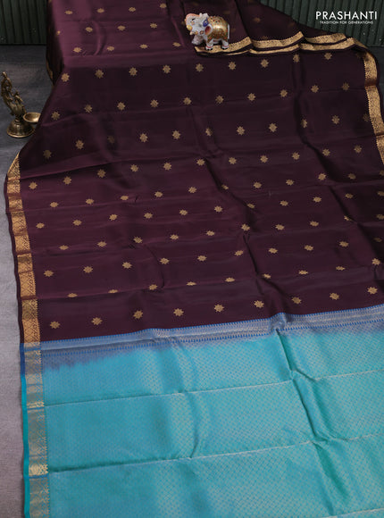 Kanchipuram silk saree coffee brown and teal green with allover zari woven buttas and small zari woven border