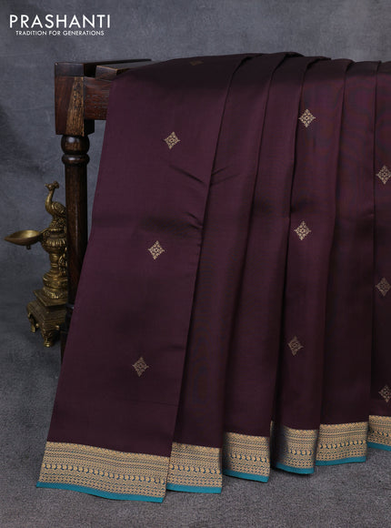 Kanchipuram silk saree coffee brown and teal green with zari woven buttas and small zari woven border