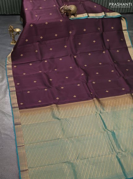 Kanchipuram silk saree coffee brown and teal green with zari woven buttas and small zari woven border