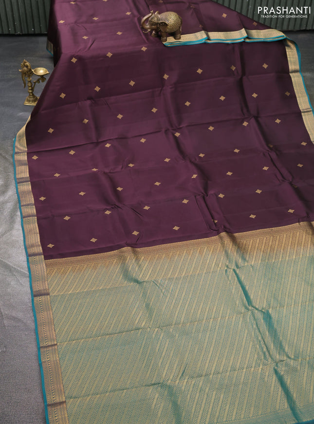 Kanchipuram silk saree coffee brown and teal green with zari woven buttas and small zari woven border