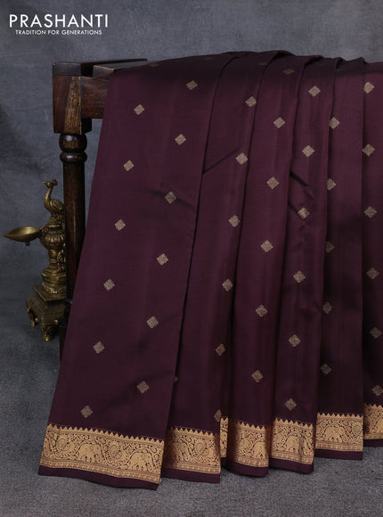 Kanchipuram silk saree coffee brown with allover zari woven buttas and small zari woven border