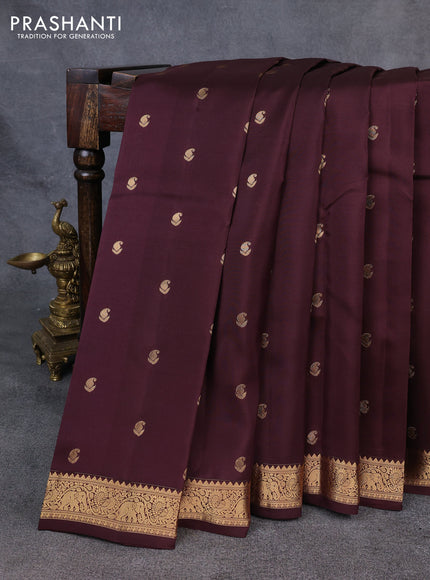 Kanchipuram silk saree coffee brown and teal blue with allover zari woven buttas and small zari woven border