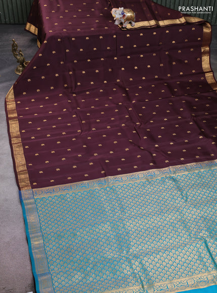 Kanchipuram silk saree coffee brown and teal blue with allover zari woven buttas and small zari woven border