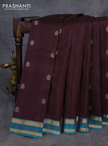Kanchipuram silk saree coffee brown and peacock green with allover zari woven buttas and small rettapet zari woven border