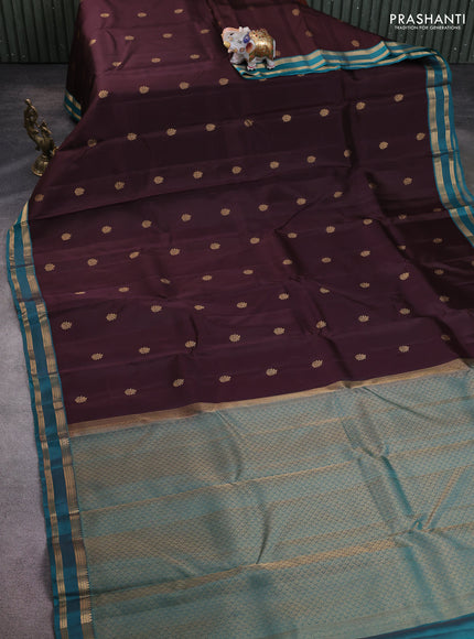 Kanchipuram silk saree coffee brown and peacock green with allover zari woven buttas and small rettapet zari woven border