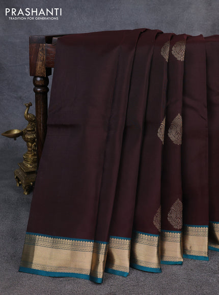 Kanchipuram silk saree coffee brown and teal green with zari woven buttas and zari woven border