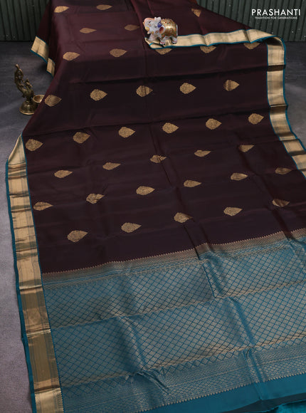 Kanchipuram silk saree coffee brown and teal green with zari woven buttas and zari woven border