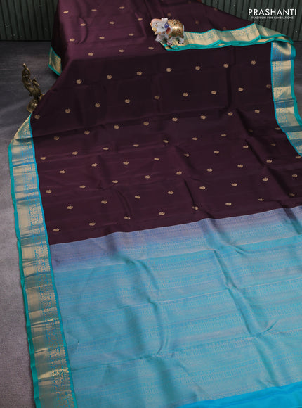 Kanchipuram silk saree deep wine  and dual shade of bluish green with zari woven buttas and zari woven korvai border