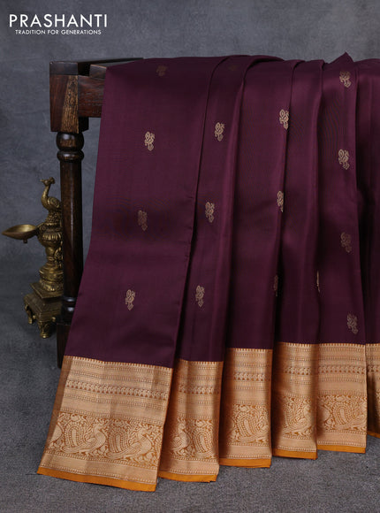 Kanchipuram silk saree wine shade and mustard yellow with zari woven buttas and zari woven border