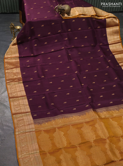 Kanchipuram silk saree wine shade and mustard yellow with zari woven buttas and zari woven border