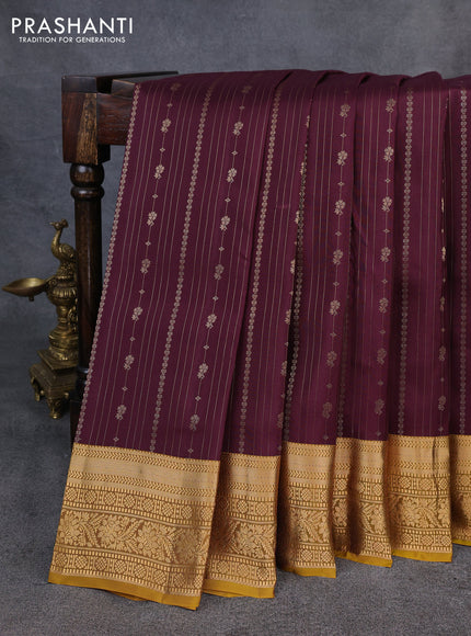 Kanchipuram silk saree wine shade and mustard green with allover zari stripe & buttas and zari woven border