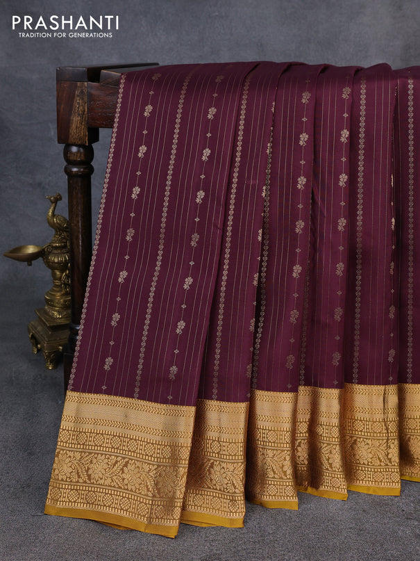 Kanchipuram silk saree wine shade and mustard green with allover zari stripe & buttas and zari woven border