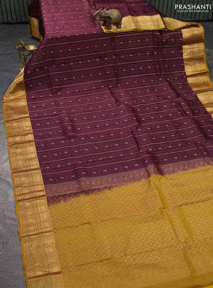 Kanchipuram silk saree wine shade and mustard green with allover zari stripe & buttas and zari woven border