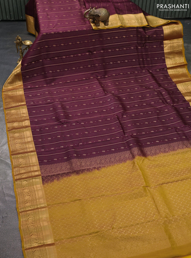 Kanchipuram silk saree wine shade and mustard green with allover zari stripe & buttas and zari woven border