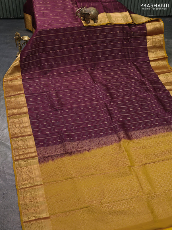 Kanchipuram silk saree wine shade and mustard green with allover zari stripe & buttas and zari woven border