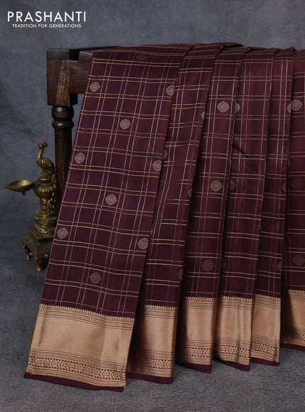 Kanchipuram silk saree coffee brown with allover zari checks & buttas and zari woven rich border