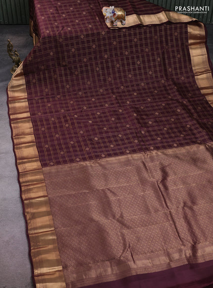 Kanchipuram silk saree coffee brown with allover zari checks & buttas and zari woven rich border