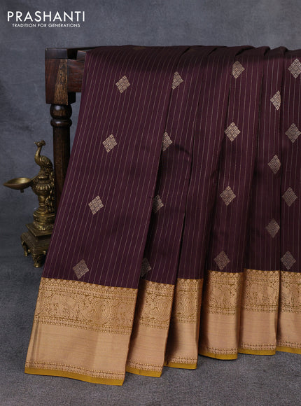 Kanchipuram silk saree coffee brown and mustard yellow with allover zari stripe & buttas and zari woven border
