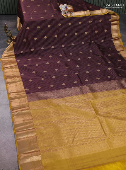 Kanchipuram silk saree coffee brown and mustard yellow with allover zari stripe & buttas and zari woven border