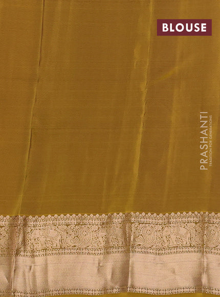 Kanchipuram silk saree coffee brown and mustard yellow with allover zari stripe & buttas and zari woven border