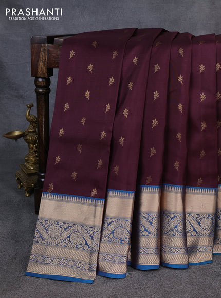 Kanchipuram silk saree deep wine and peacock blue with allover zari woven buttas and long zari woven border