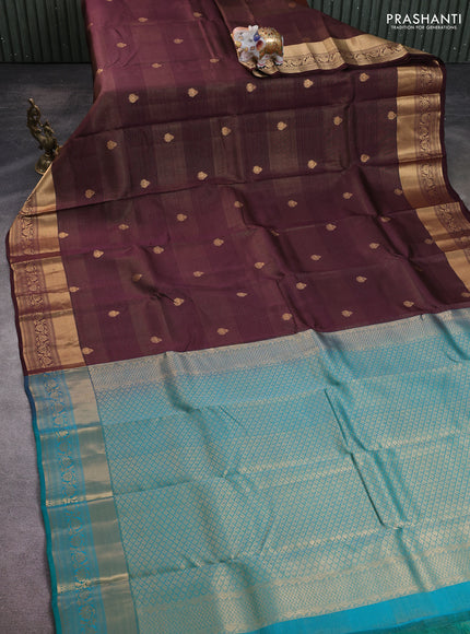 Kanchipuram silk saree coffee brown and teal green with vairaosi pattern & zari buttas and rich zari woven border