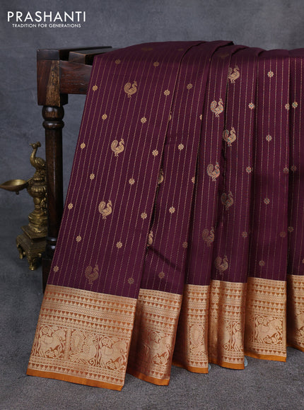 Kanchipuram silk saree deep wine and mustard yellow with allover zari stripe & buttas and zari woven border