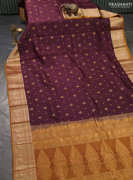 Kanchipuram silk saree deep wine and mustard yellow with allover zari stripe & buttas and zari woven border