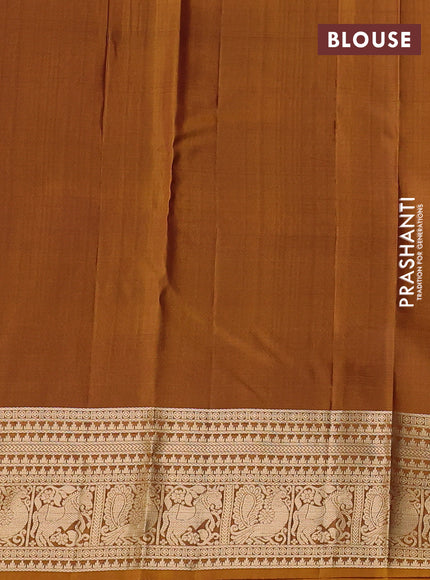 Kanchipuram silk saree deep wine and mustard yellow with allover zari stripe & buttas and zari woven border