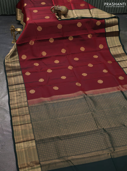 Kanchipuram silk saree deep maroon and bottle green with zari woven buttas and zari woven border