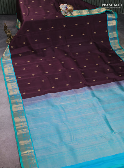 Kanchipuram silk saree deep wine and teal green with zari woven buttas and zari woven korvai border