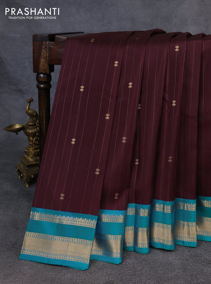 Kanchipuram silk saree coffee brown and teal green with allover zari stripe & buttas and zari woven korvai border