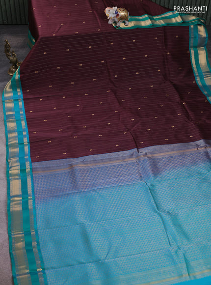 Kanchipuram silk saree coffee brown and teal green with allover zari stripe & buttas and zari woven korvai border