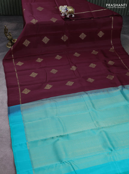 Kanchipuram silk saree wine shade and teal green with zari woven buttas and zari woven simple border