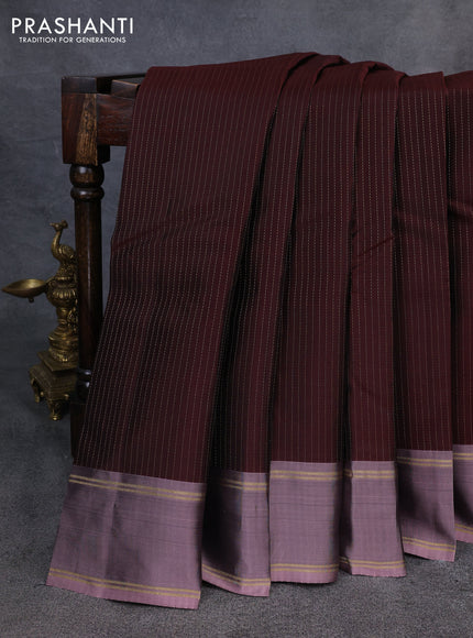 Kanchipuram silk saree coffee brown and rosy brown with allover zari stripe pattern and rettapet zari woven border