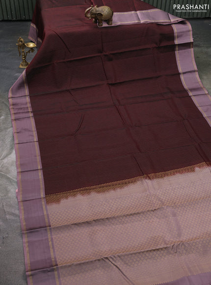 Kanchipuram silk saree coffee brown and rosy brown with allover zari stripe pattern and rettapet zari woven border