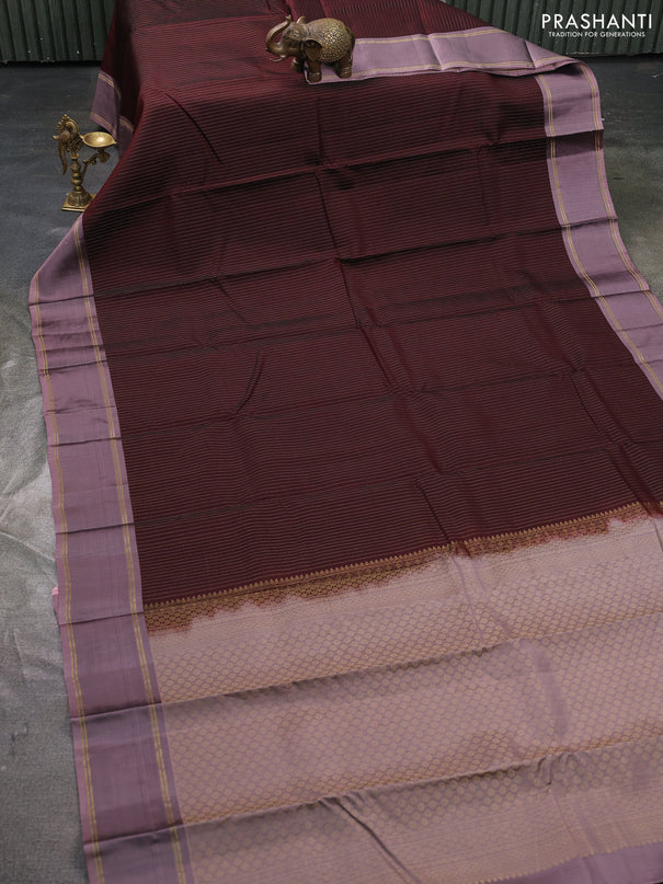 Kanchipuram silk saree coffee brown and rosy brown with allover zari stripe pattern and rettapet zari woven border