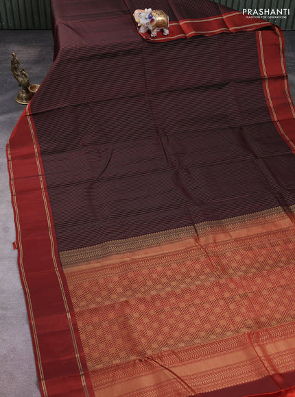 Kanchipuram silk saree coffee brown and orange with allover zari stripe pattern and rettapet zari woven border