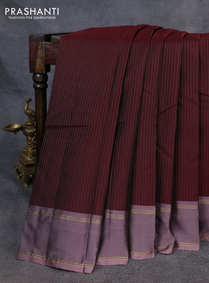 Kanchipuram silk saree deep maroon and rosy brown with allover zari stripe pattern and rettapet zari woven border