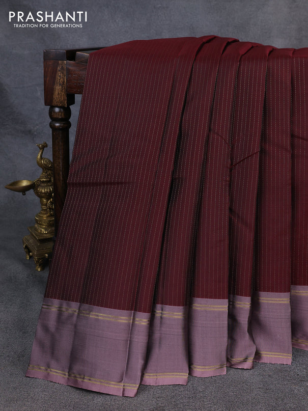 Kanchipuram silk saree deep maroon and rosy brown with allover zari stripe pattern and rettapet zari woven border