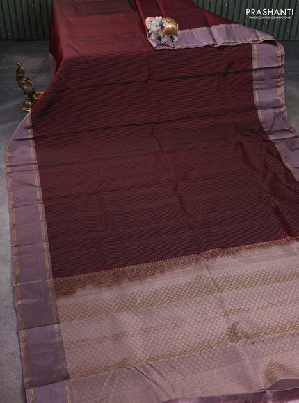 Kanchipuram silk saree deep maroon and rosy brown with allover zari stripe pattern and rettapet zari woven border