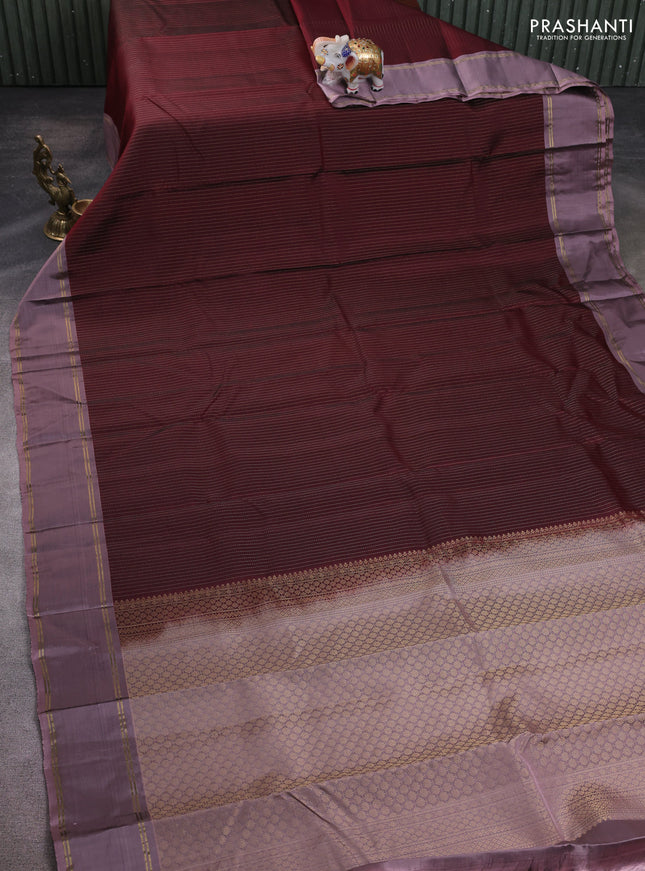 Kanchipuram silk saree deep maroon and rosy brown with allover zari stripe pattern and rettapet zari woven border