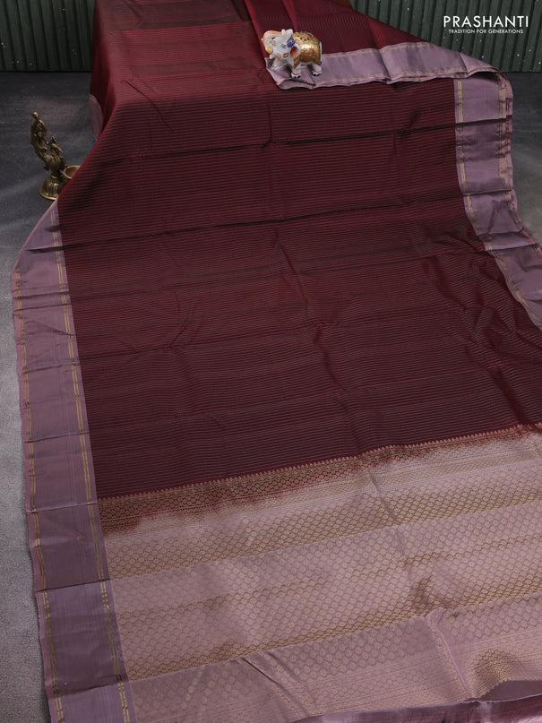 Kanchipuram silk saree deep maroon and rosy brown with allover zari stripe pattern and rettapet zari woven border