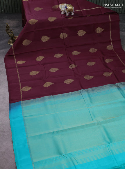 Kanchipuram silk saree wine shade and teal green with zari woven buttas and zari woven simple border