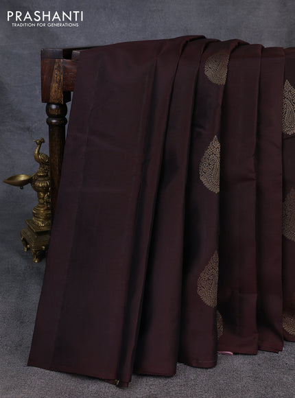 Kanchipuram silk saree coffee brown and pastel pink with zari woven buttas in borderless style