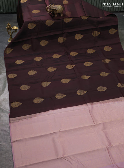 Kanchipuram silk saree coffee brown and pastel pink with zari woven buttas in borderless style