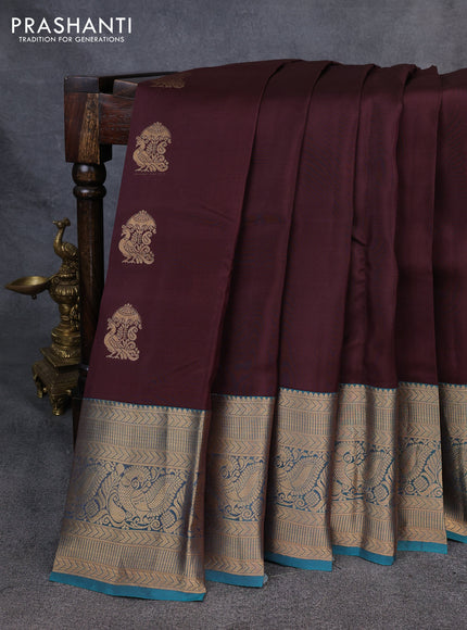 Kanchipuram silk saree coffee brown and teal green with zari woven buttas and long rich zari woven border